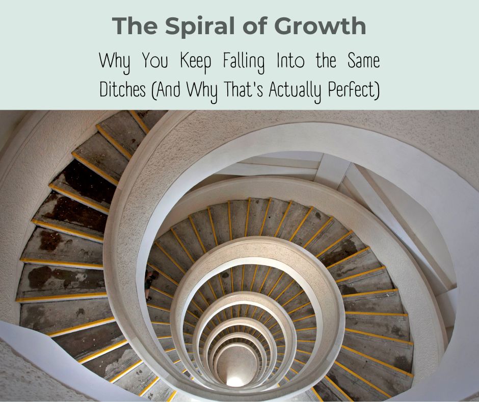 Spiral staircase viewed from above representing the upward journey of breaking repeating patterns and personal growth